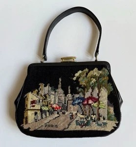 Vintage Needlepoint Paris Tapestry Purse Black with Gold Accessories - Picture 1 of 8