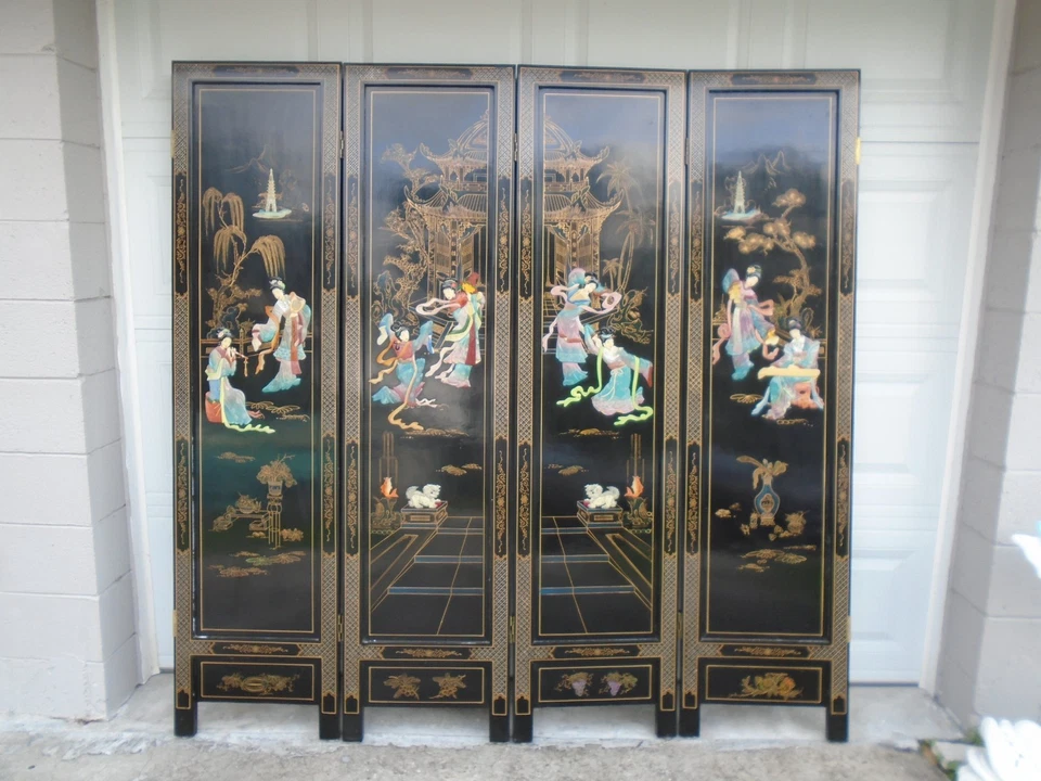 Pantalla asiática divisor de habitación pagoda foo perros geisha japonesa chinoiserie coromandel Foto 1 de 4