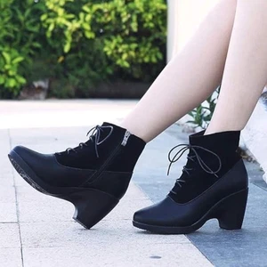 Women’s Leather Wedge Ankle Boots – Black, Lace-Up, Size 7.5 - Picture 1 of 6