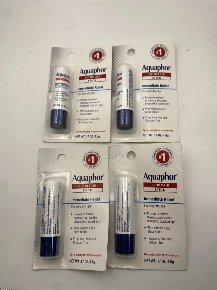 Pack de 4 barras reparadoras de labios Aquaphor 0,17 oz cada una | Selladas PARA LABIOS MUY SECOS NUEVAS.  Foto 1 de 2