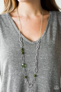 Paparazzi "Marvelously Modern" Earthy Green Bead & Silver Frame Necklace - Picture 1 of 3