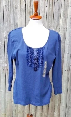 COVINGTON Women's Blouse XL Blue Frilly Ribbons Long SleeveCotton NEW W/Tags Top Foto 1 de 4
