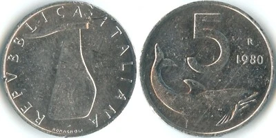 Italy 1980 R 5 Lire KM# 92 Aluminum Republic Rudder Dolphin - Image 1 of 3