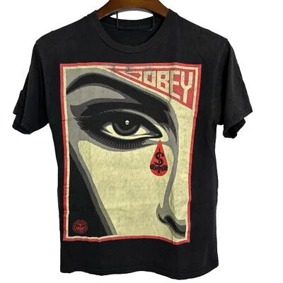OBEY Vintage Black T-Shirt Men's Teardrop Blood Money Tear Graphic No Size Tag - Image 1 of 4
