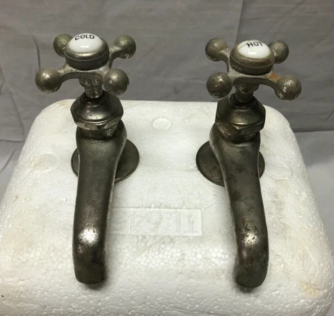Antique Pair Nickel Brass Separate Hot Cold Republic Sink Faucets VTG 636-23B Cover