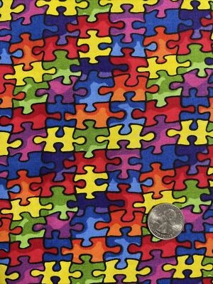 Jigsaw Puzzle Fabric Cotton Quilt Craft Sew Blue Purple Yellow Red Bright BTY - Image 1 of 3