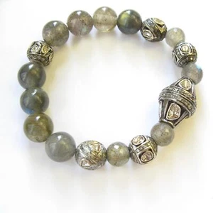 Bracciale 89ct Labradorite Diamanti Non Tagliati Sfera Perline Argento Sterling 925 - Foto 1 di 3