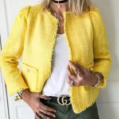 ZARA BLAZER YELLOW TWEED PEARLS BOUCLE TWILL FRAYED JACKET COAT EXTRA SMALL XS - Image 1 of 4
