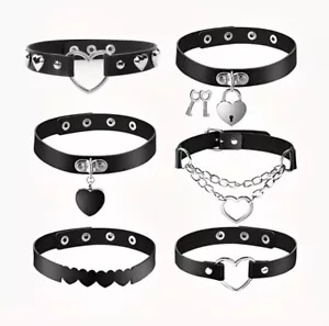 6-Piece Gothic Heart Choker Set - Black Faux Leather Adjustable Collars - Picture 1 of 9