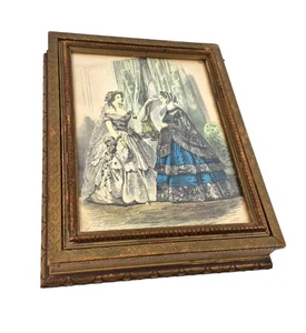 Antike viktorianische Holz geschnitzt Schmuckschatulle Spiegel Jules David Mädchen gerahmt Litho - Bild 1 von 11