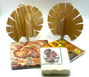 Thanksgiving Napkins Table Decor Turkeys Natural Wood Set Dinner Beverage LOT - Picture 1 of 12