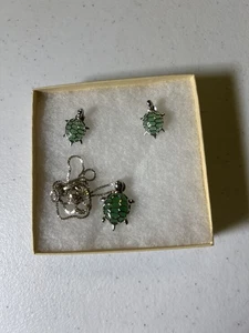 Dyed Jade and Sterling Silver Turtle Pendant and Earrings - Picture 1 of 6