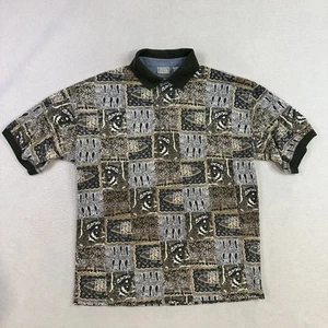 Vintage Bugle Boy Shirt Mens Large Brown Black Abstract Fish Print Polo 90s - Picture 1 of 10