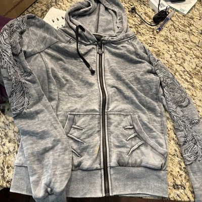 Miss Me Women M Hoodie Embellish Sleeves Gray Zip Up - Image 1 of 4