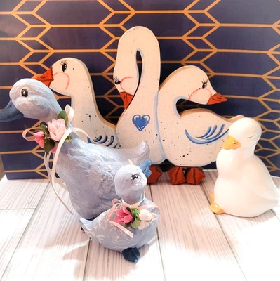 Lote de 4 núcleos de cabaña de colección ganso cerámica madera blanco ganso azul gansos patos de colección Foto 1 de 4