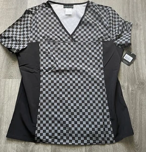 NWT Women’s Large Cherokee Gray & Black Check Print Scrub Top - Picture 1 of 1