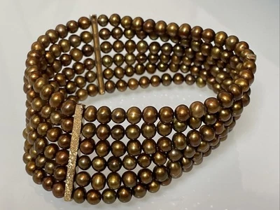 HSN ЗОЛОТОЙ КОРИЧНЕВЫЙ ЦВЕТ ПОДЛИННЫЙ ЖЕМЧУГ БРАСЛЕТ 6 РЯДОВ ОТМЕЧЕН CGI CN 925 - Изображение 1 из 4