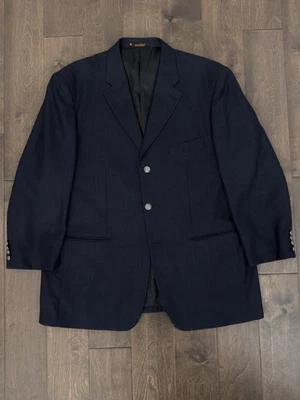 Emilio Mens Sports Coat Suit Jacket Navy Blue Herringbone Size 48R Metal Buttons - Image 1 of 4