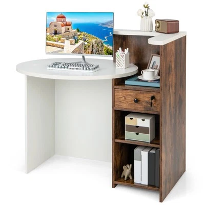 COSTWAY Reception Desk Front Counter Desk w/ Lockable Drawer-White - Image 1 of 4