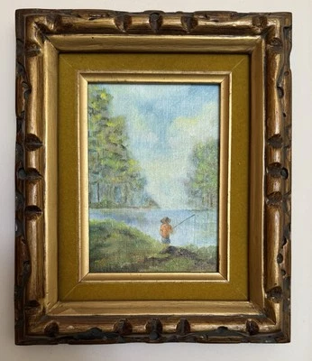 小号签名原创绘画男孩钓鱼乡村风景镀金框架复古艺术 — 第 1/4 张图片