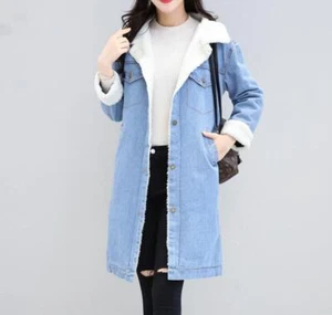 New Women's Winter Warm Denim Jacket Fleece Long Jeans Coat Lamb Wool Outerwear - Picture 1 of 13