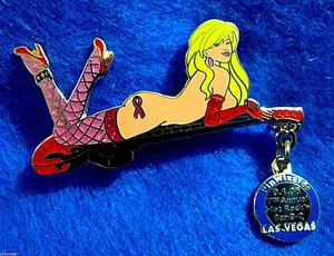 HARD ROCK BLONDE GIRL BREAST CANCER PINK RIBBON STOCKINGS GUITAR PIN WIZARDS LE - Picture 1 of 1