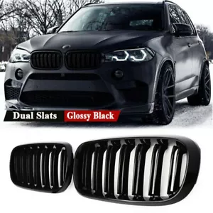 Front Kidney Grilles Grills For 14~18 BMW X5 X6 F15 F16 Glossy Black Dual Slats - Picture 1 of 8