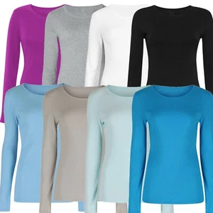 New Long Sleeve Top Womens Pure Cotton Crew Neck T-Shirt Tee Tops - Picture 1 of 6