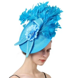 BRAND NEW LARGE TURQUOISE SINAMAY FASCINATOR, FEATHERS, FLOWER SPRING RACING - Picture 1 of 1