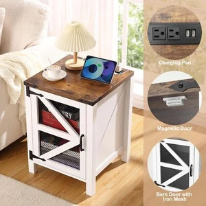Farmhouse End Table Nightstand Storage Sofa Bedside Table with Charging Station - Picture 1 of 7