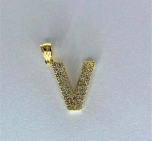 14K Yellow Gold Initial Letter V Double White CZ Stone Lines Pendant - Picture 1 of 2