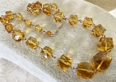 Vintage Art Deco Amber Faceted Square Glass / Rolled Gold Necklace c1930s - Image 1 of 4