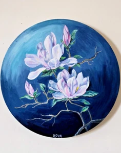 Exquisite Hand-Painted Magnolia Artwork on Round Canvas – One of a Kind by ILOVA - Picture 1 of 5