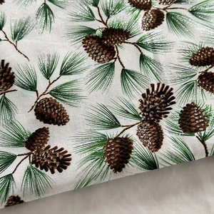 Christmas Pine Cones Needles Silver Glitter Vintage Cotton Quilt Fabric 35"x44" - Picture 1 of 4