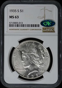 1935-S Peace Dollar S$1 NGC MS63 (CAC) - Picture 1 of 4