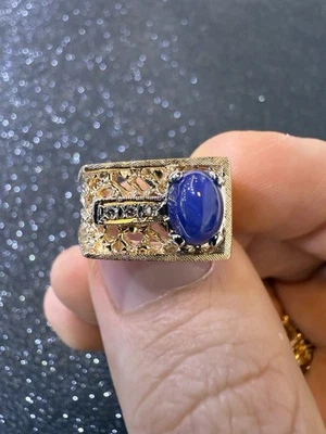 Anillo de zafiro de oro amarillo de 14 quilates para hombre "anillo pepita de diamantes" Foto 1 de 4