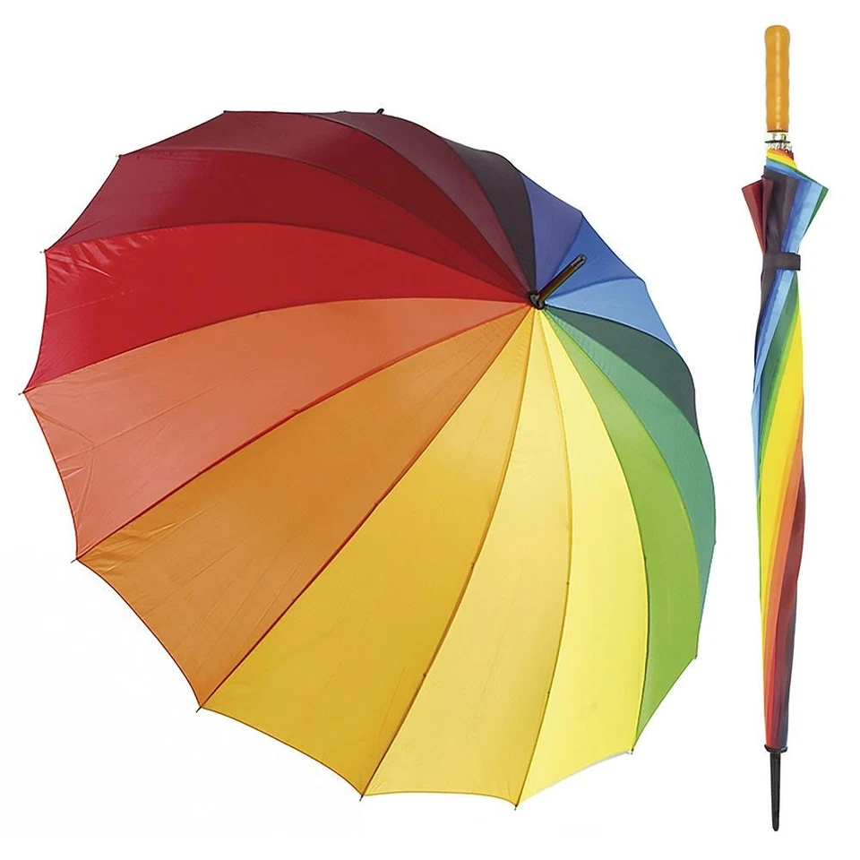 A2Z Rainbow Golf Umbrella 16 Panel Wooden Handle Rain And UV Protection - Image 1 of 1