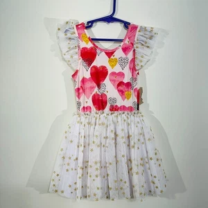 Rock Your Kid RYK Tutu Dress 4 VGUC Dance Tulle Pink Hearts White Gold Stars - Foto 1 di 18
