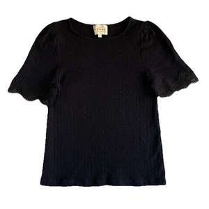 Sezane Cléa Top Damen XS schwarz Kurzarm T-Shirt Häkel Spitzenbesatz Baumwolle - Bild 1 von 7