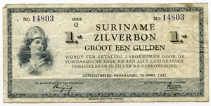 1942 Suriname Zilverbon 1 Gulden Serie Q Currency Note - L950 - Picture 1 of 2
