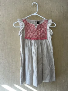 Tea Collection Embroidery Dress EUC Girls beige pink ruffle sleeve Size 6 - Picture 1 of 7