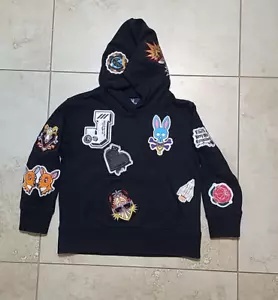 Psycho Bunny Kids RARE All Over Patch Black Hoodie Size 4/XXS Pouch Pockets C13 - Picture 1 of 21