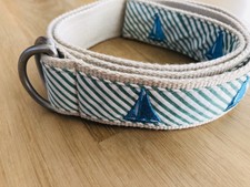 LL Bean Womens Surcingle Belt Sz M/L Woven Fabric Boats Sailboats Green Blue 