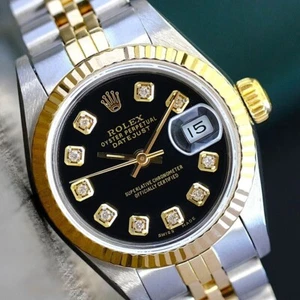 Rolex Datejust Ladies Gold & Steel Black Diamond Dial 18KY Fluted 26mm Watch - Picture 1 of 21
