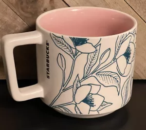 Starbucks 2019 Spring Floral Outlines Keramik Kaffeebecher 14oz Teal Pink - Bild 1 von 6