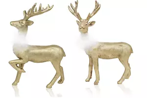 Hirsch Paar Gold mit Federkragen edel Weihnachtsdeko Rentier Kunststein 2er Set - Bild 1 von 5