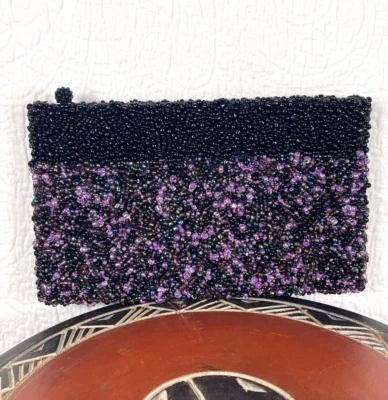Bolso sin asas vintage Bali con cuentas negro y púrpura noche 8" X 5" Foto 1 de 4
