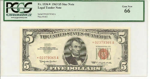 1963 $5  STAR LEGAL TENDER RED SEAL PCGS GEM NEW 66  - Image 1 of 1