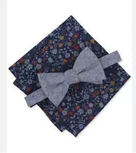 NWT Bar III Mens 2 Piece Blue Bow Tie Floral Pocket Square Set New - Picture 1 of 3