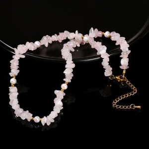 Natürliche 5-8 mm Rosa Quarz Kristall Chips Edelsteine & weiße Perle Perlen Halskette 16-24 Zoll - Bild 1 von 6